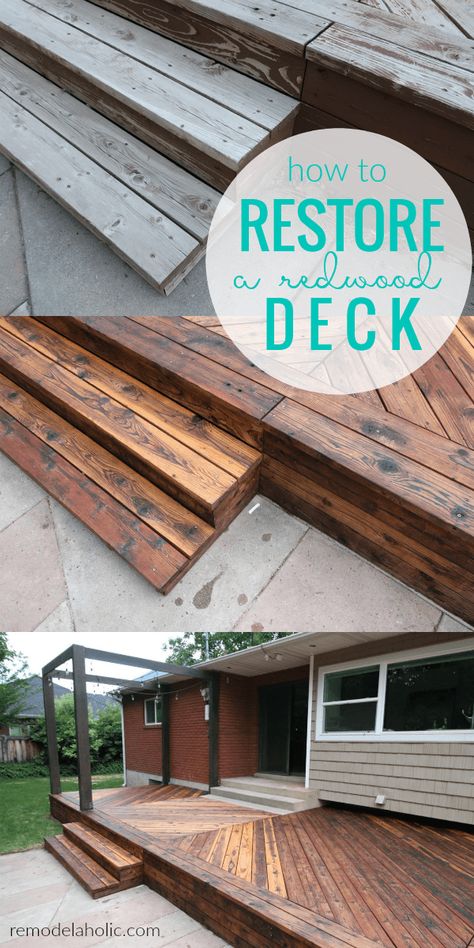 How To Restore A Redwood Deck Using Oil Instead Of Stain #remodelaholic Wood Deck Cleaner, Deck Stains, Redwood Deck, Deck Cleaner, Deck Finishes, Redwood Decking, Deck Restoration, Deck Stain, Siding Ideas