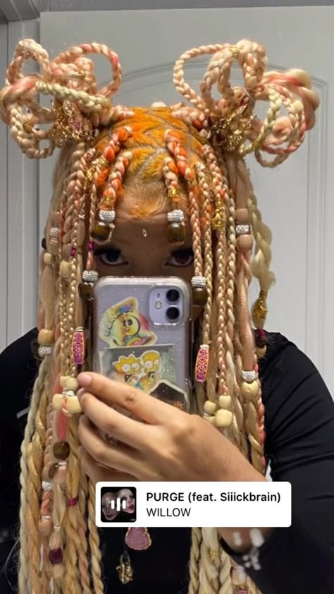 Blonde Jade Braids, Fu Lani Braids, Volume Braid Hairstyles, Jade Braids With Bangs, Jade Locs, Box Braids Red Hair, Curly Ends Box Braids, Jaded Braids, Braids Red Hair