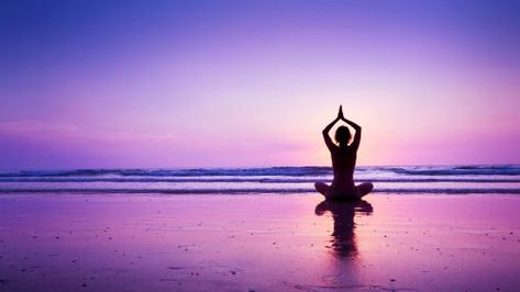 Yoga Wallpaper with Girl in a Purple Sunset at Beach Guided Imagery Scripts, Yoga Background, Yoga Images, Yoga Aesthetic, Guided Imagery, Karma Yoga, Desktop Background Pictures, Yoga Pictures, Purple Sunset