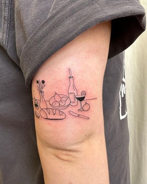 Fine Line Food Tattoo, Foodie Tattoo, Cheese Tattoo, Food Tattoo, Italy Tattoo, Dinner Board, Melbourne Tattoo, Food Tattoos, Fine Line Tattoos