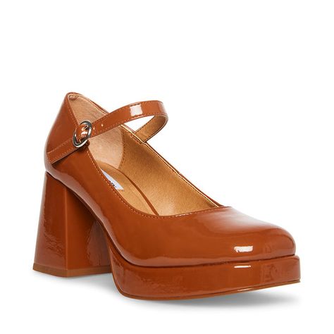 MINGLE COGNAC PATENT – Steve Madden Patent Mary Janes, Latest Fashion Shoes, Steve Madden Store, 90s Looks, Heels Online, Platform Heels Chunky, Mary Jane Heels, Platform High Heels, Plaid Skirt