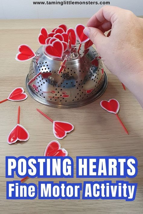 Posting Hearts (Valentine’s Fine Motor Activity for Kids). Help older babies and toddlers develop fine motor skills with this easy play idea. Perfect for valentines day. #valentine #finemotor #baby #toddler #preschool Valentine’s Day Cognitive Activity, Valentines Day Preschool Manipulatives, Valentines Practical Life, Montessori Valentines Activities, Valentines Toddler Activities, Montessori Fine Motor, Valentines Toddler, Cute And Easy Crafts, Valentines Activity