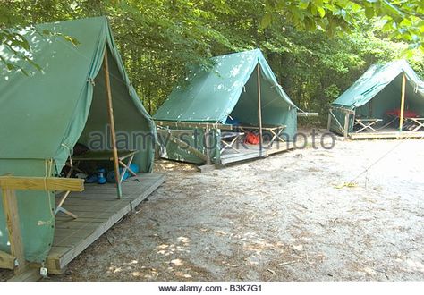 Canvas tent at Boy Scout summer camp - Stock Image Diy Tent Camping, Pathfinder Club, Backyard Tent, Camping Planning, Camping Canopy, Glamping Tents, Diy Tent, Lake Camping, Tent Stove