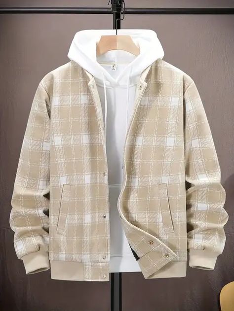 Men's Plaid Band Collar Jacket Spring Fall Stylish Casual - Temu White Hoodie Men, Men Outerwear, Mens Smart Casual Outfits, Classy Suits, Casual Outwear, Color Combinations For Clothes, Men Fashion Casual Shirts, Mens Casual Dress Outfits, Guys Clothing Styles