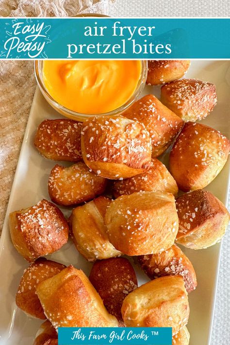 air fryer pretzel bites are pillowy bites of snack-able goodness! Made with love and air-fried perfection, these golden dough morsels are the perfect blend of warm, soft and flavorful. We love these as an afternoon snack or game day munch! Air Fryer Soft Pretzel Bites, Air Fryer Pretzel Bites Biscuit Dough, Game Day Air Fryer Recipes, Quick Air Fryer Snacks, Air Fryer Pretzel Bites, Air Fryer Pretzel, Easy Midnight Snacks, Pretzel Rolls, Bite Size Snacks