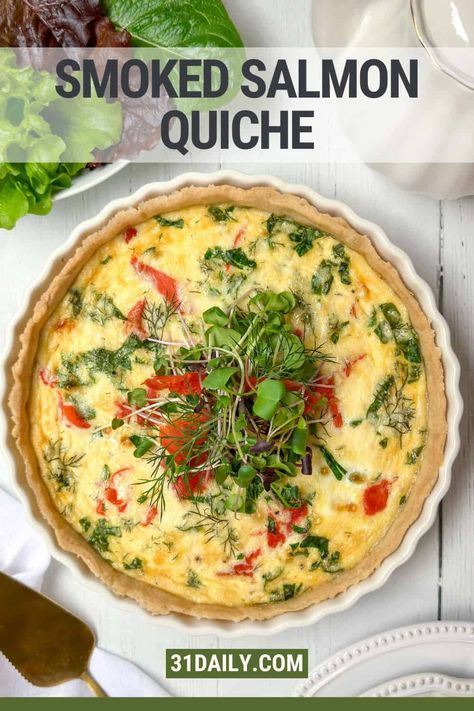 When brunch season arrives, Smoked Salmon Quiche is a delightful dish that's simple to make, utterly creamy and delicious, and a wonderful addition to any brunch menu! Smoked Salmon Quiche, Fresh Fish Recipes, Salmon Quiche, Salmon Breakfast, 31 Daily, Baked Breakfast, Spring Meals, Breakfast Quiche Recipes, Baked Breakfast Recipes