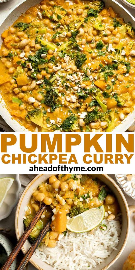 Creamy Pumpkin Curry with Chickpeas is packed with warming spices and aromatic flavors that will warm you up from the inside out. Fresh pumpkin, broccoli, cashews, and chickpeas are steeped in a fragrant red coconut curry sauce infused with lots of fresh lime juice. It's sweet and savory, creamy and refreshing, and ready in just over 30 minutes. Vegan and gluten-free too! | aheadofthyme.com #pumpkinchickpeacurry #pumkpincurry #pumpkincoconutcurry #coconutcurry #pumpkin via @aheadofthyme Pumpkin Curry Recipe, Easy Pumpkin Oatmeal, Curry With Chickpeas, Pumpkin Food, Chickpea Coconut Curry, Pumpkin Mac And Cheese, Coconut Curry Sauce, Savory Pumpkin Recipes, Sauteed Peppers