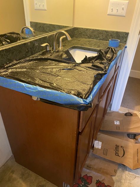 Guest Bathroom makeover Green Granite Countertops Bathroom, Dark Countertops In Bathroom, Green Granite Bathroom, Black Countertop Bathroom, Green Granite Countertops, Shiplap Bathroom Wall, Shiplap Wallpaper, Guest Bathroom Makeover, Granite Bathroom Countertops