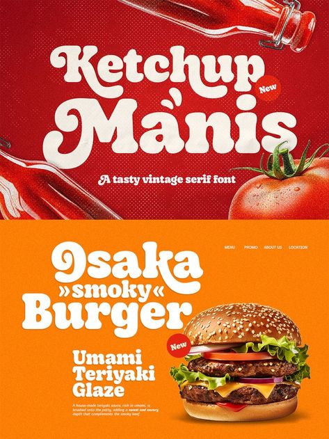 Explore creative typography ideas for a burger food poster using the Ketchup Manis typeface, a tasty vintage serif font! Perfect for Canva templates, these designs will make your burger poster stand out with charming and retro typography. Elevate your food poster with a unique and mouthwatering look. #TypographyDesign #BurgerPoster #FoodDesign #CanvaTemplates #KetchupManis #GraphicDesign Food Typography Design, Burger Poster, Make Teriyaki Sauce, Food Typography, Cooper Black, Typography Design Inspiration, Typography Ideas, Teriyaki Glaze, Burger Food