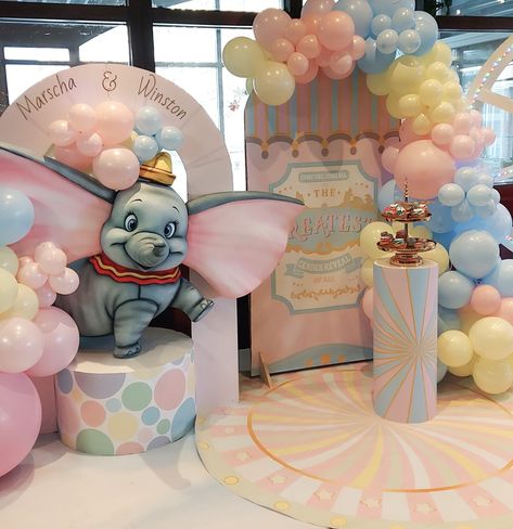 Circus Gender Reveal, Dumbo Party Decorations, Dumbo Birthday Party Decorations, Dumbo Gender Reveal, Baby Shower Girl Gifts Basket, Dumbo Baby Shower Theme, Dumbo Birthday Party, Pink Carnival, Baby Dumbo