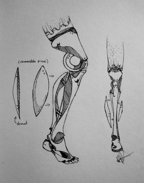 Fox's mechanical leg by @allendrea130 on Pinterest Mechanical Leg Drawing, Mechanical Legs Design Reference, Automail Leg, Prosthetic Leg Design Art, Prostethics Leg Drawing, Mechanical Character Design, Prosthetic Leg Concept Art, Mechanical Leg, Bionic Leg