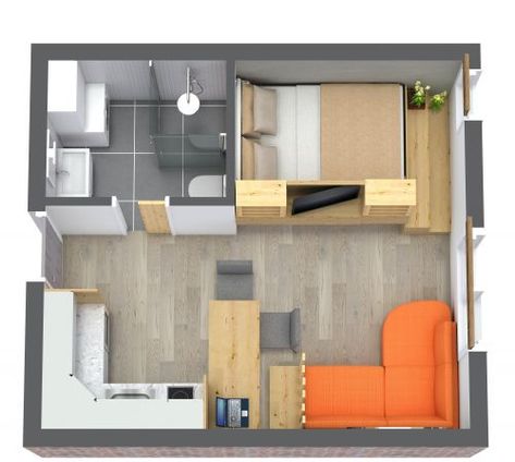 Studio Apartment With Clever Storage Studio Apartment Plans, Apartment With Fireplace, Tiny Home Layout, Studio Apartment Plan, Modern Studio Apartment, Small Apartment Plans, Studio Apartment Floor Plans, Apartemen Studio, Cozy Studio Apartment