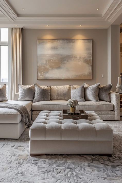 Champagne Living Room, Aesthetic Living Room Ideas, Comfy Cozy Home, Stylish Living Room Ideas, Modern Glam Living Room, Neutral Living Rooms, Cozy Scandinavian, Minimalist Living Room Ideas, Corner Sofa Design