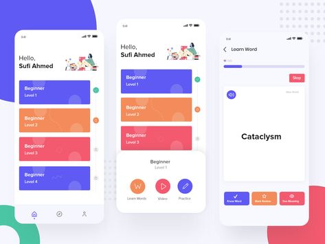 English Learning App by Sufi Ahmed Hamim Ux Mobile Design, Flashcard App, Word App, App Ui Ux Design, Quiz Design, Language Apps, Android App Design, Card Ui, Ui Design Trends