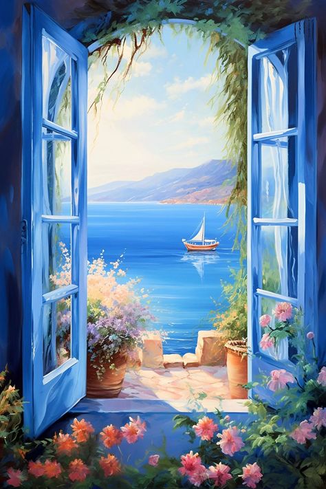 Window With A View, Sketch Beautiful, Fanart Sketch, Flower Window, Nature Music, Image Nature, Ocean Landscape, Landscape Art Painting, Window Painting