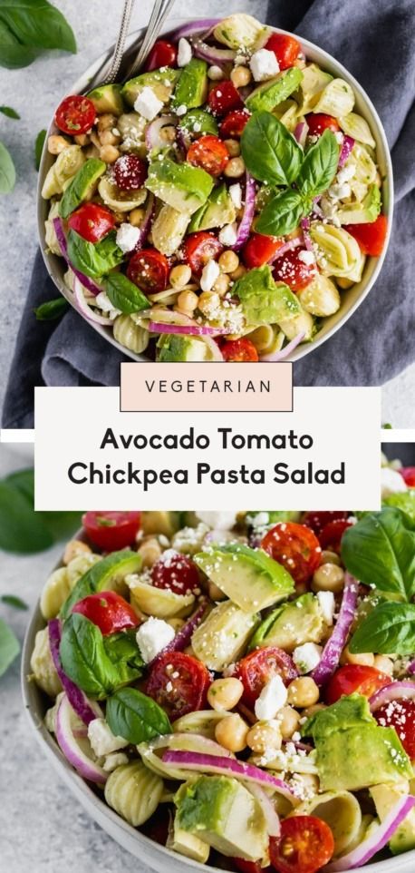 Gorgeous avocado tomato chickpea pasta salad packed with fresh, delicious Mediterranean flavors and a bold lemon basil dressing. This easy vegetarian pasta salad recipe takes just 20 minutes to make and is perfect for parties or meal prep! Lemon Basil Dressing, Pasta Salad With Avocado, Chickpea Pasta Salad, Easy Vegetarian Pasta, Lemon Basil Vinaigrette, Avocado Salads, Vegetarian Pasta Salad, Mediterranean Pasta Salads, Chickpea Patties