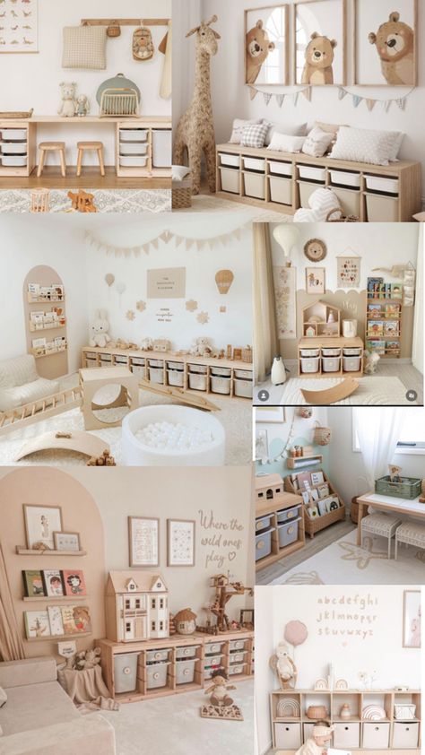 Playroom Ideas Neutral Colors, Neutral Toy Room, Neutral Montessori Playroom, Toddler Study Room Ideas, Chic Playroom Ideas, Pre Toddler Classroom Ideas, Calm Playroom, Baby Playroom Ideas Small Spaces, Classy Playroom