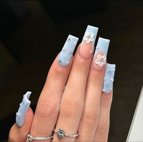 Quince Acrylic Nails, Baby Blue Quince Nails, Light Blue Quince Nails, Light Blue Prom Nails, Maroon Nail Art Designs, Light Blue Acrylic Nails, Acrylic Nails Light Blue, 15 Nails, Maroon Nail Art