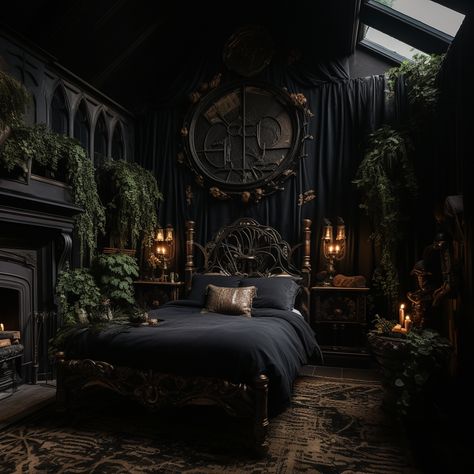 Black And Green Gothic Bedroom, Gothic Nature Aesthetic Bedroom, Dark Fairy Room Aesthetic, Dark Enchanted Forest Bedroom, Dark Cottage Core Aesthetic Bedroom, Gothic Master Bedrooms Decor, Slytherin Aesthetic Room Ideas, Botanical Gothic Decor, Goth Cottagecore Bedroom