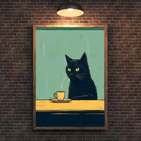 Cat with Coffee - Modern Retro Frameless Canvas Wall Art for Home, Office, Bedroom. Portrait Deco Style Ink Print Poster, Wall Hanging Decor #gift #wallart #decor #cat #coffee Cute Cat Painting, Cat With Coffee, Modern Cat Art, Coffee Posters, Cat And Coffee, Canvas Art Gifts, Wall Art Cat, Coffee Cat, Cats Design