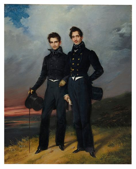 Édouard-Henri-Théophile Pingret (French, 1788-1875) | Portait of Two Young Men | Christie's 1890s Menswear, 1800s Men, 19th Century Men, 1830s Fashion, Romantic Paintings, Regency Fashion, Two Brothers, Male Portrait, Historical Costume