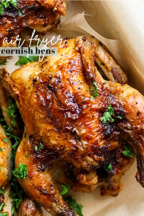 Make gourmet Air Fryer Cornish Hens with a lemon butter glaze for dinner or a holiday dinner. Our quick recipe ensures tender, flavor-packed hens perfect for any occasion, combining the ease of air frying with the zest of lemon and the richness of butter. Cornish Hens In Oven, Cornish Hen In Air Fryer, Air Fryer Cornish Hen Recipe, Cooking Cornish Hens, Cornish Game Hen Recipes, Cornish Hen Recipe, Cornish Hen, Cornish Game Hen, Butter Glaze