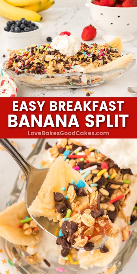 Easy Breakfast Banana Split pin collage Breakfast Banana Split, Banana Split Recipes, Easy Breakfast Treats, Super Easy Breakfast, Breakfast Banana, Breakfast Quiche Recipes, Breakfast Recipes Sweet, Low Cal Recipes, Fruit Breakfast