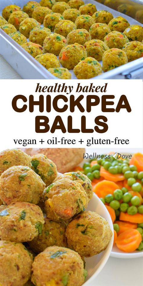 These chickpea balls make a not-so-complicated but delicious meal that is both healthy and hearty. Only whole natural plant food ingredients, oil-free and no sugars! A perfect to-go lunch, a tasty snack or a whole dinner, these balls are as versatile as they can get! Chickpea Bites, Chickpea Balls, Baked Chickpea, Resep Vegan, Healthy Entrees, Quick Vegan, Vegan Chickpea, Plant Based Diet Recipes, Vegan Snack