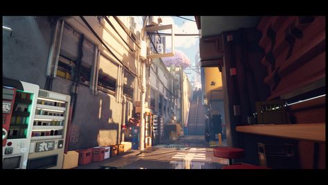 ArtStation - Memory Lane - UE4 Environment - Stylized Tokyo street , Peter Tran Alleyway Illustration, Alleyway Concept Art, Anime Alleyway, Stray Environment Concept Art, Stylized Japanese Environment, Anime City, Environment Painting, City Background, Tokyo Street