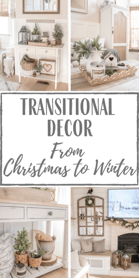 Transitional Decor from Christmas to Winter/Valentines Winter Decor Living Room Cozy, Winter Buffet Table Decor, February Decorating Ideas, Decorating For Winter, Decoration Living Room Ideas, French Farmhouse Christmas, Pretty Organization, After Christmas Winter Decor, Simple Winter Decor