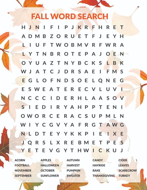 Autumn Word Search Free Printable, Fall Word Search Free Printable, Autumn Word Search, Fall Puzzles, Word Search Free Printable, Birthday Event Ideas, Fall Word Search, Fun Word Search, Thanksgiving Word Search