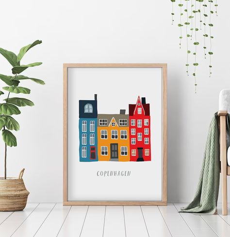 Copenhagen Print Scandinavian Print Nordic Print Denmark - Etsy UK Copenhagen Drawing, Denmark Painting, Copenhagen Painting, Painting Learning, Boston Apartment, Scandinavian Poster, Colorful Canvas Art, Colorful Poster, Nordic Print