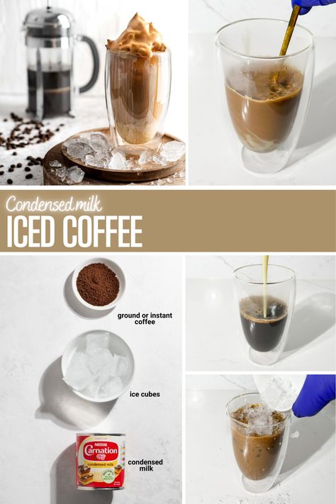 Tall glass of iced coffee on a wooden board, topped with Dalgona foam Coffee With Condensed Milk Recipes, Condensed Milk Iced Coffee, Recipe For Iced Coffee, Instant Iced Coffee Recipe, Condensed Milk Recipes Easy, Instant Iced Coffee, Condensed Milk Coffee, Coffee With Condensed Milk, Condensed Milk Recipe