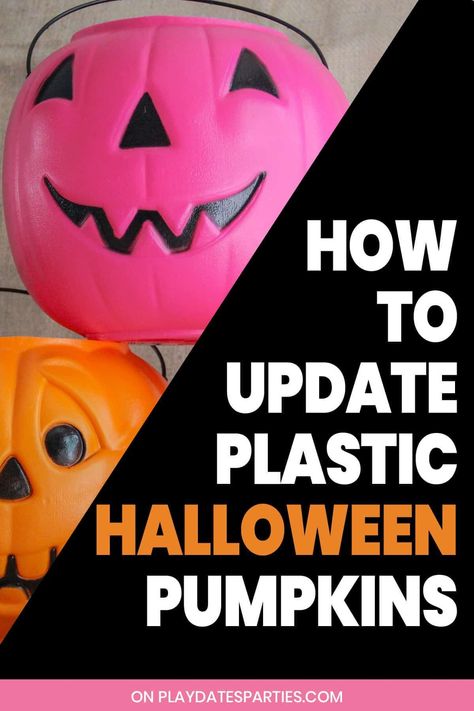 How To Make A Plastic Pumpkin Scary, Jack O Lantern Diy Decor, Jack A Lantern Ideas, Stacked Jack O Lanterns Diy, Painted Plastic Jack O Lantern, Jack O Lantern Bucket Crafts, How To Make Plastic Pumpkins Look Real, Plastic Jackolantern Crafts, Plastic Halloween Pumpkin Ideas