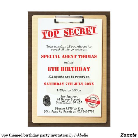 Spy themed birthday party invitation Spy Themed Birthday Party, Spy Birthday Party, Secret Agent Party, Spy Birthday Parties, Surprise Party Invitations, 50th Birthday Party Decorations, Spy Party, Ninja Birthday, Party Themes For Boys