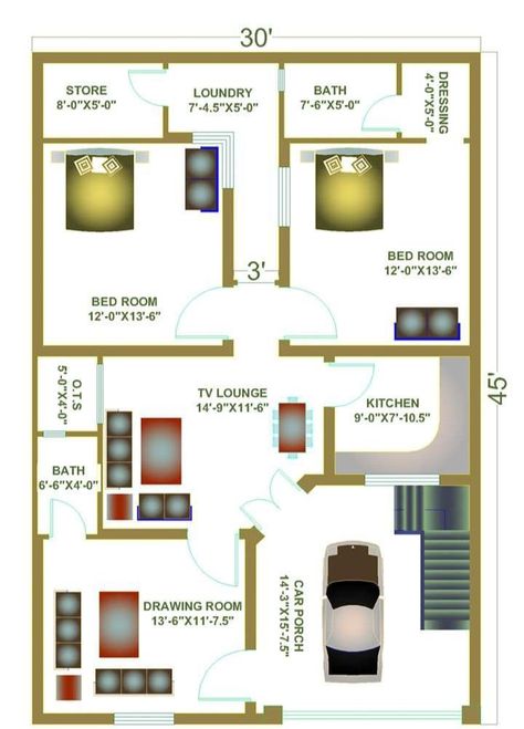 30x50 House Plans, Drawing House Plans, 20x40 House Plans, 30x40 House Plans, 2bhk House Plan, Indian House Plans, Little House Plans, Free House Plans, Small House Elevation Design