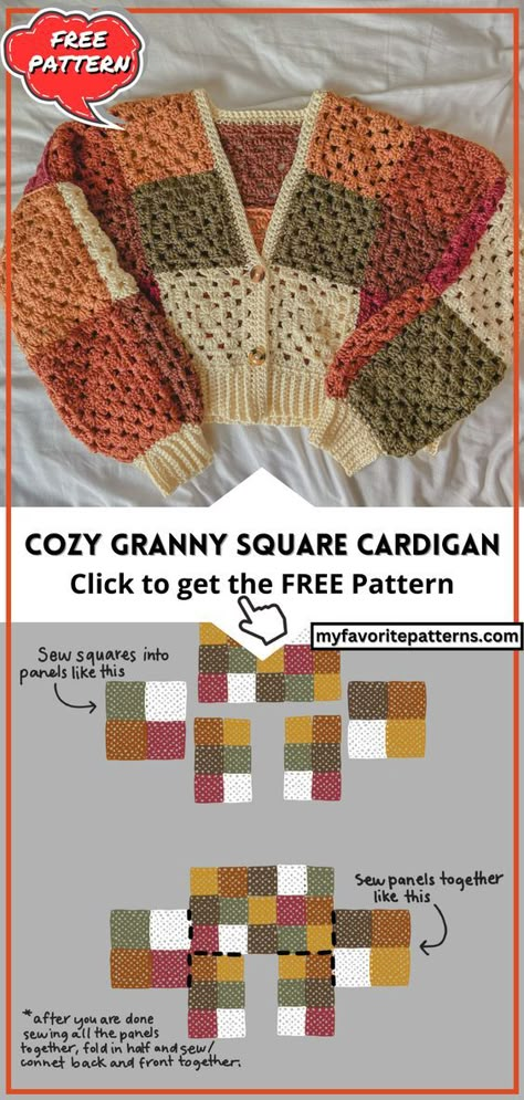 Explore 50 delightful Cottagecore crochet project ideas with free patterns. Create granny square cardigan, rustic home decor and cozy accessories inspired by this beloved aesthetic. Embrace the charm of Cottagecore crafting today! Sweater Crochet Pattern Granny Square, Beginner Friendly Crochet Sweater, Men's Crochet Cardigan Free Pattern, Things To Make With Crochet Granny Squares, Crochet Sweater Pattern Granny Square, Crochet Pattern Granny Square Cardigan, Crochet Block Sweater, Granny Square Sweater Tutorial, Free Granny Square Sweater Pattern