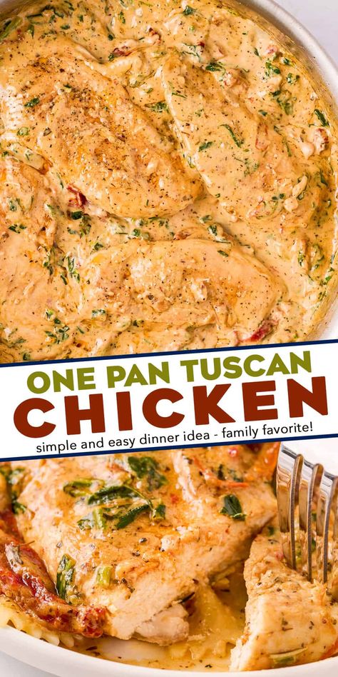 One Pan Creamy Tuscan Chicken, Chicken Dinner Recipes One Pan, Tuscan Chicken Recipes Easy, Tuscan Chicken Pasta One Pot, Chunky Chef Recipes, One Pot Tuscan Chicken, One Pan Tuscan Chicken Pasta, Tuscan Chicken With Rice, Pampered Chef Tuscan Chicken