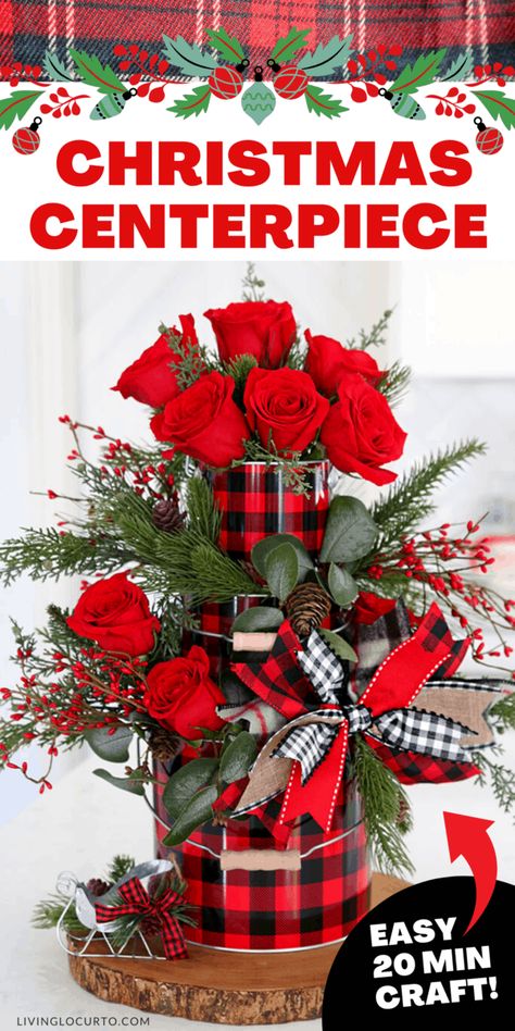 How to make a Christmas Centerpiece in 20-minutes with flowers and buffalo check buckets! Easy home decor craft for a dining table or holiday mantel decor. Find more ideas at LivingLocurto.com Centerpiece With Flowers, Holiday Mantel Decor, Hosting Ideas, Home Decor Craft, Holiday Mantel, Buffalo Check Christmas, Crafty Christmas, Party Crafts, Christmas Centerpieces Diy