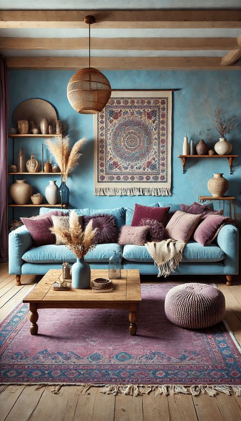 Blue And Plum Living Room, Blue Boho Living Room, Turquoise Living Room, Jewel Tone Living Room, Boho Living Rooms, Living Room Design Boho, Teal Rooms, Garage Transformation, Bold Eclectic