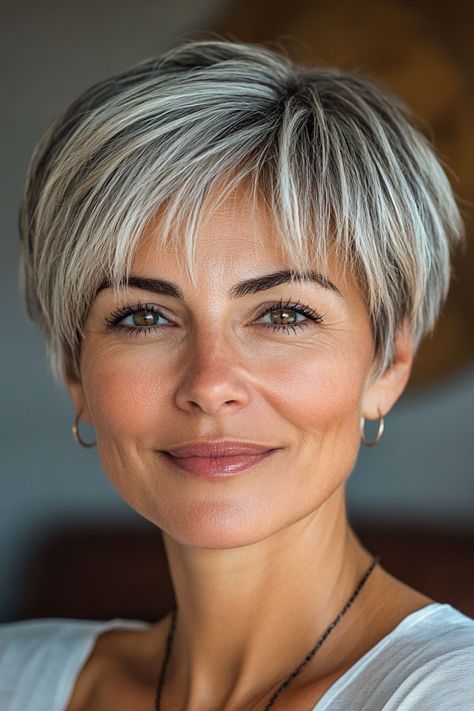 Soft Ash Blonde Pixie with Feathered Layers, pixie hair color idea, pixie haircut, pixie hair color Ash Blonde Pixie Haircut, Soft Ash Blonde, Ash Blonde Pixie, Brunette Bob With Bangs, Elegant Short Hairstyles, Pixie Hair Color, Haircut Pixie, Hair Color Idea, Feathered Layers