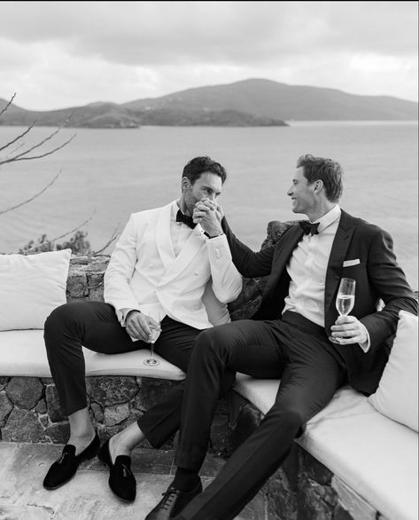 Black White Couple, Necker Island, Old Money Wedding, Gay Wedding Photos, Money Wedding, Armani Suits, San Tropez, Groom Poses, Gay Marriage