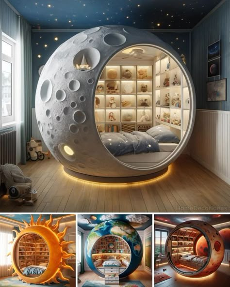 Outer Space Theme Room, Moon Inspired Bedroom, Unusual Beds, Rooms For Boys, Space Hallway, Creative Beds, Kids Room Deco, Space Themed Bedroom, Space Themed Room