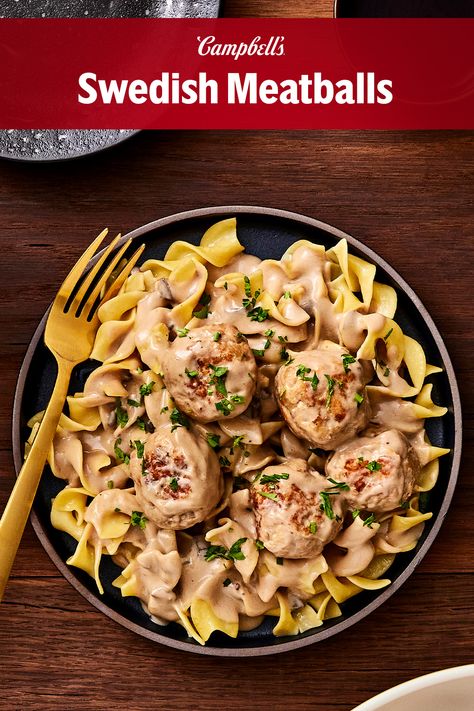 You don't have to make a trip to your favorite Scandinavian-based furniture store to get creamy, savory Swedish Meatballs. Ground turkey meatballs are browned in a skillet for a crisp crust, then simmered in a mixture of Cream of Mushroom Soup and beef broth, which melts into the most delicious sauce. In just 30 minutes you can have a comfort food that easily customizable with other types of ground meats. Swedish Meatballs are usually served over noodles. Swedish Meatballs Campbells Soup, Swedish Meatball Recipe Campbells, Campbells Swedish Meatball Recipe, Easy Swedish Meatballs With Cream Of Mushroom Soup, Swedish Meatballs With Cream Of Mushroom Soup, Cream Of Mushroom Swedish Meatballs, Easy Swedish Meatball Recipe Mushroom Soup Sour Cream, Swedish Meatballs With Frozen Meatballs And Cream Of Mushroom Soup, Swedish Meatballs Cream Of Mushroom