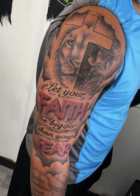 God Tattoos For Men Shoulder, Shoulder And Bicep Tattoo Men, Bible Verse Tattoos For Men Shoulder, Christian Tattoos For Men Sleeve, Upper Shoulder Tattoo Men Ideas Design, Shoulder Tattoo Men Black, Half Sleeve Tattoos For Men Upper Arm, Black Men Shoulder Tattoo, Upper Shoulder Tattoo Men Ideas