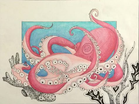 Pen And Ink Techniques, Octopus Watercolor Painting, Octopus Bathroom, Painted Mirrors, Octopus Drawing, Octopus Painting, Ink Techniques, Beyond The Border, High School Art Projects