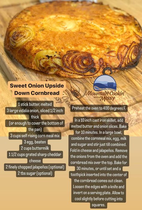 Onion Upside Down Cornbread, Onion Cornbread Recipe, Upside Down Cornbread, Mountain Cooking With Missy, White Lily Baking, Onion Cornbread, Easy Cornbread Recipe, Biscuits Recipes, Cornbread Easy