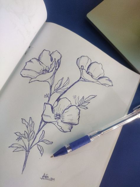 Open Flower Drawing, Black And White Sketches Pencil Artworks, Flowers Pen Drawing, Pen Drawing Flower, Pen Flower Drawing, Flowers Sketch, Floral Sketch, Poppy Drawing, Blue Pen