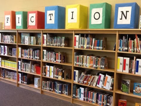 Fiction Section - Maybe one Fiction box on each shelf... Easy boxes and Biography box too... School Library Signage, Graphic Novel Library Display, Fiction Sign For Library, Library Signage Elementary, Non Fiction Library Signs, School Library Book Displays, Book Vs Movie Library Display, School Library Decor, Library Signage