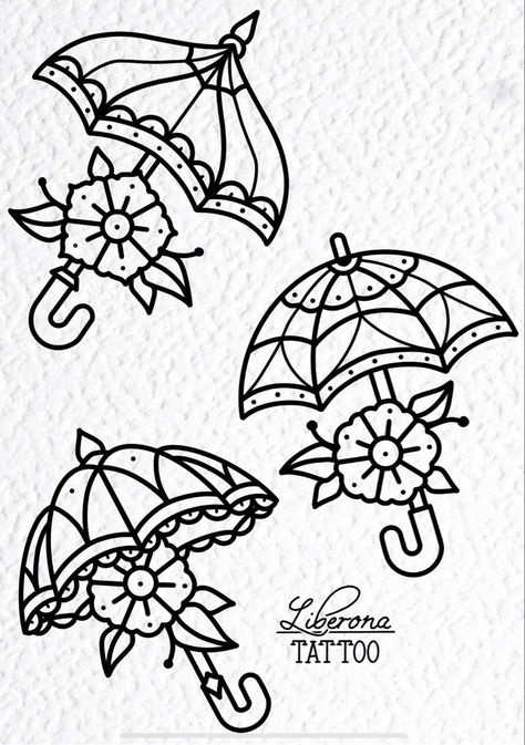 Umbrella Trad Tattoo, Easy Traditional Tattoo Drawing, Traditional Umbrella Tattoo Design, Old School Umbrella Tattoo, Tattoo Design Drawings Traditional, American Traditional Umbrella Tattoo, Traditional Tattoo Practice, American Traditional Outline, Traditional Line Work Tattoo